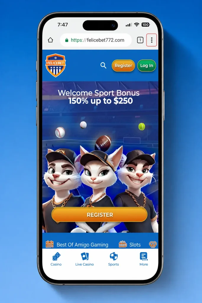 Steps to add FeliceBet PWA to Android home screen via browser menu